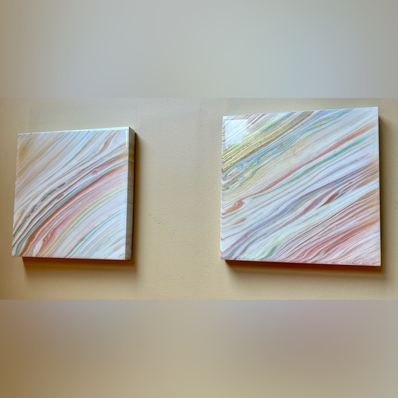 Original art 8x8” wooden panel paintings, acrylic pour with resin, soft pastels - Picture 4 of 13